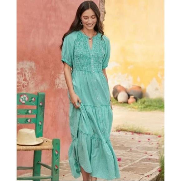 Sundance Seersucker Maxi Dress Tiered Smocked Puff Sleeve Boho Kelly Green S - Picture 11 of 11